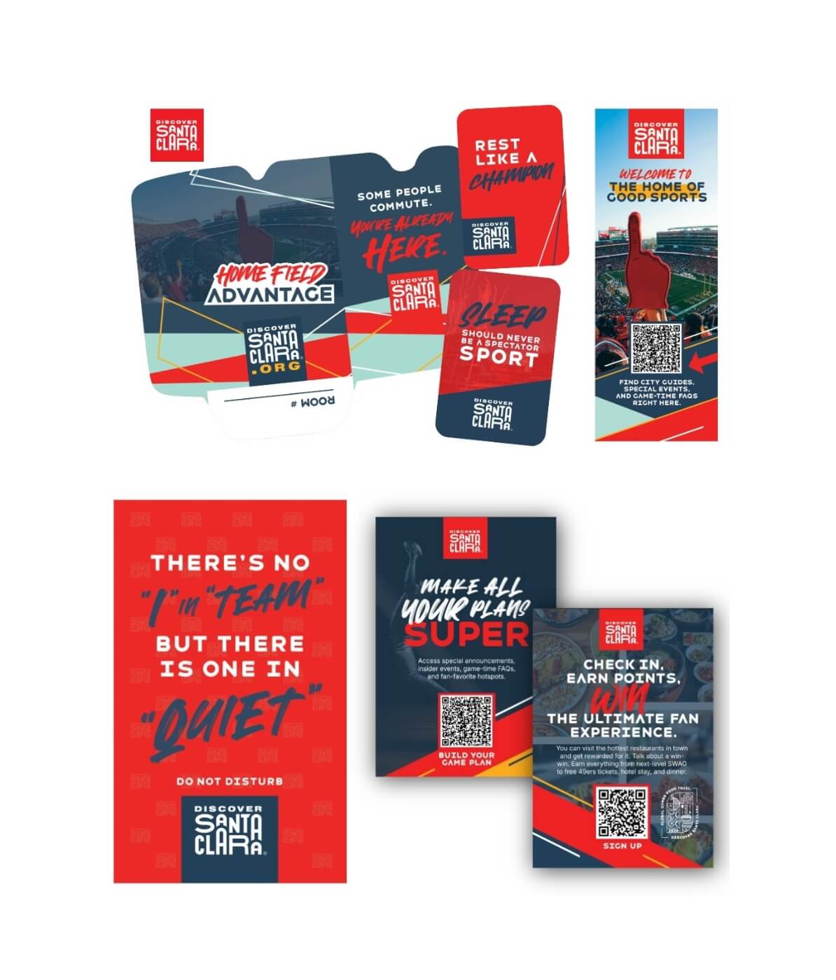 A collection of promotional materials for Santa Clara, featuring sports-related themes and QR codes in Santa Clara, California.