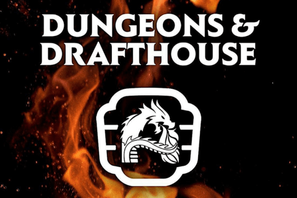 A fiery emblem featuring a dragon within a shield, representing Dungeons & Draftthouse in Santa Clara, California.