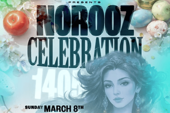 An advertisement for the Nurooz Celebration, featuring a woman with long hair and a blue headpiece, surrounded by flowers and eggs in Santa Clara, California.
