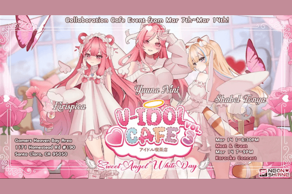 Three anime girls in pastel dresses at a cafe event in Santa Clara, California.