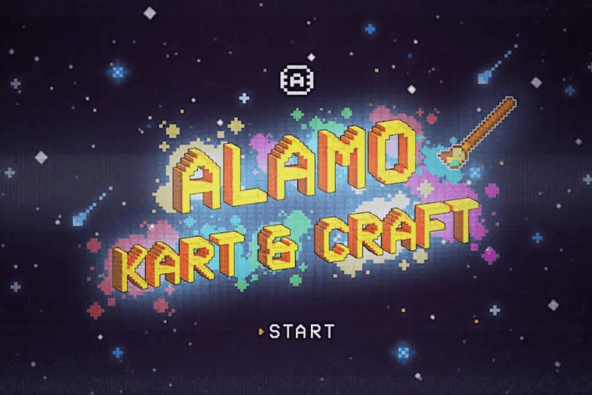 Pixelated title screen for 'Alamo Kart & Craft', set against a starry space background in Santa Clara, California.