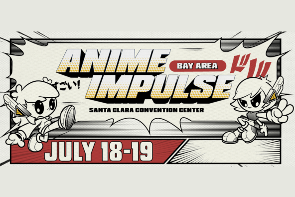 A dynamic anime-themed poster for Anime Impulse Bay Area event, featuring two cartoon characters and dates July 18-19 in Santa Clara, California.