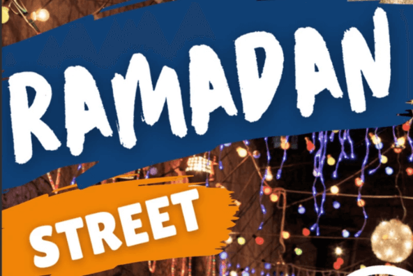 A vibrant Ramadan Street celebration with colorful lights and festive decorations in Santa Clara, California.