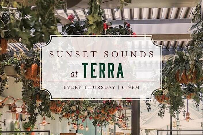 Sunset Sounds at Terra, a vibrant restaurant with lush greenery and hanging plants in Santa Clara, California.