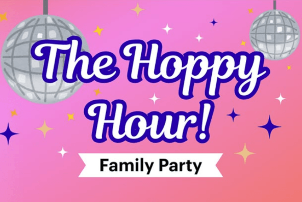 A vibrant party invitation featuring disco balls and the text 'The Hoppy Hour! Family Party' in Santa Clara, California.