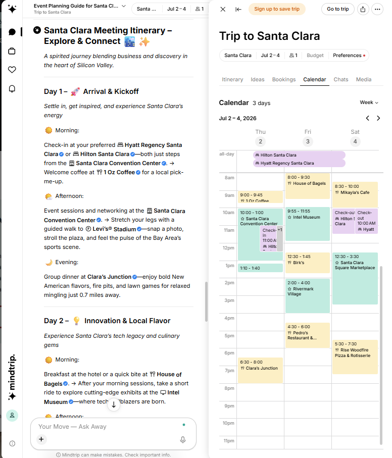 AI Meeting Planning Tool for Santa Clara Events | Mindtrip meeting itinerary planning tool example
