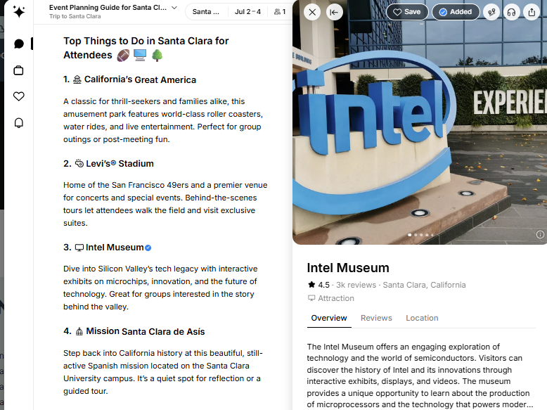 AI Meeting Planning Tool for Santa Clara Events | Mindtrip Santa Clara meeting planning map view with things to do