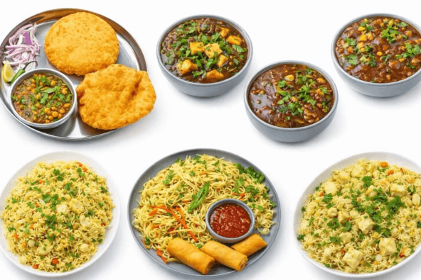 A variety of Indian dishes including naan, dal, curry, fried rice, noodles, and spring rolls in Santa Clara, California.