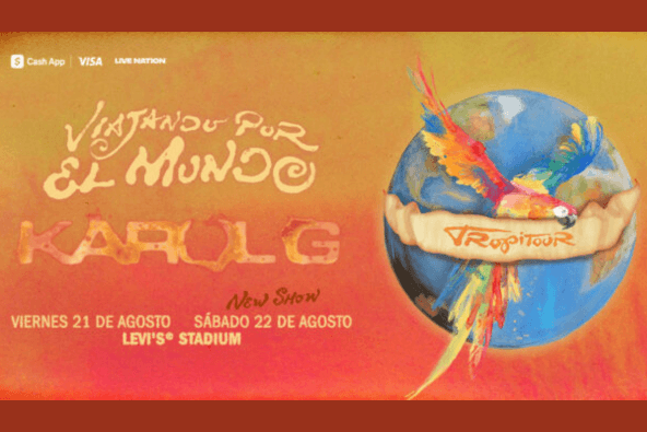 KAROL G Viajando Por El Mundo Tropitour at Levi's® Stadium Un colorido cartel anuncia el concierto de Karol G en el Levi's Stadium el 22 de agosto in Santa Clara, California.