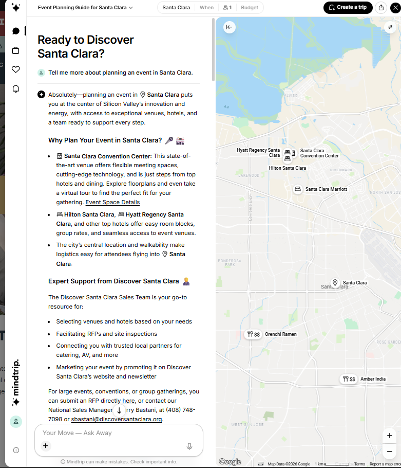 AI Meeting Planning Tool for Santa Clara Events | Mindtrip AI meeting planning tool interface for Santa Clara meetings