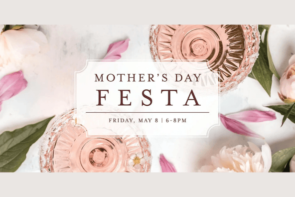 Two pink champagne flutes with a floral arrangement for Mother's Day celebration in Santa Clara, California.