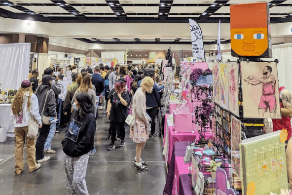 SJMADE Summer Fair 2026 A bustling indoor convention filled with attendees exploring colorful booths and exhibits in Santa Clara, California.