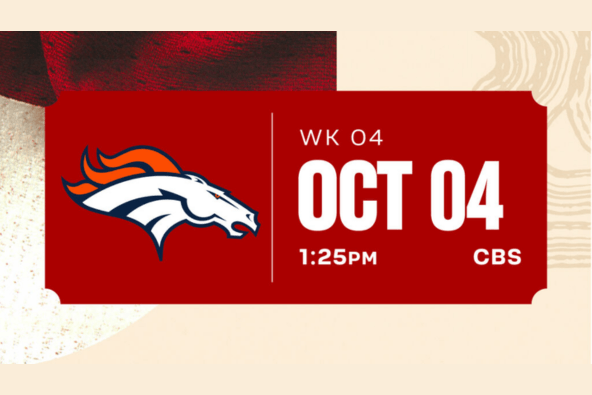 The Denver Broncos logo on a red background with a date and time for a game in Santa Clara, California.