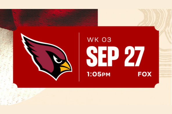 The Arizona Cardinals logo on a red background with a game date of September 27th at 1:05 PM on FOX in Santa Clara, California.