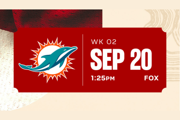 Miami Dolphins football game on Fox at 1:25 PM on September 20th in Santa Clara, California.