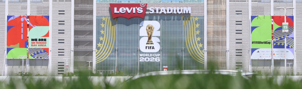 Levi's Stadium adorned with vibrant banners celebrating the FIFA World Cup 2026 in the Bay Area in Santa Clara, California.