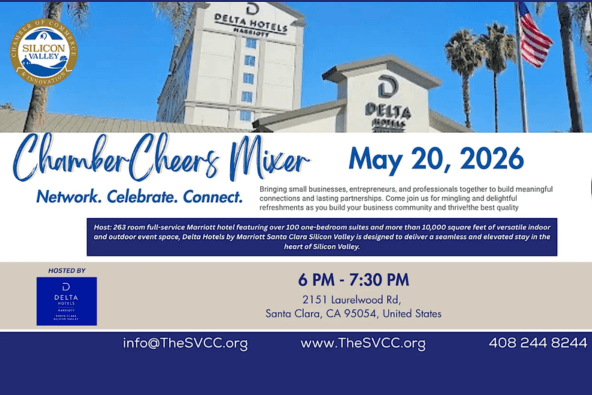 Chamber Cheers Mixer A promotional poster for a networking event at Delta Hotels by Marriott, featuring a vibrant outdoor scene with palm trees and a flag in Santa Clara, California.
