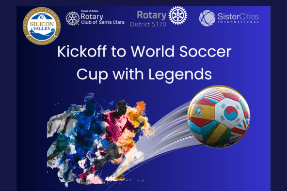 A vibrant poster featuring soccer players in action with a colorful ball, promoting the Kickoff to World Soccer Cup with Legends event in Santa Clara, California.