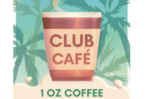 Rave on the Bay presents: Club Café A vibrant advertisement for Club Cafe's 1 oz coffee, featuring a colorful cup against a tropical backdrop in Santa Clara, California.