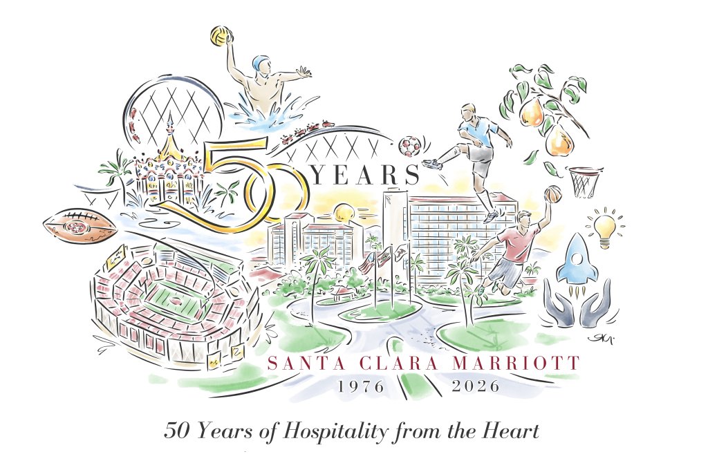 A vibrant illustration celebrating 50 years of hospitality at the Santa Clara Marriott, featuring sports, entertainment, and local landmarks in Santa Clara, California.