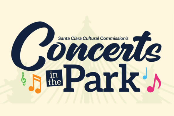 Santa Clara Cultural Commission presents Concerts in the Park with musical notes and a tree silhouette in Santa Clara, California.