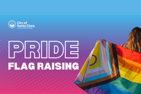 A person holding a vibrant Pride flag against a colorful background in Santa Clara, California.