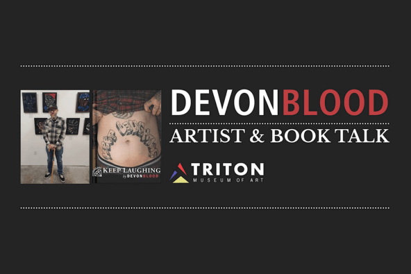 Devon Blood - Artist and Book Talk A promotional flyer for a Devon Blood artist and book talk at Triton Museum in Santa Clara, California.