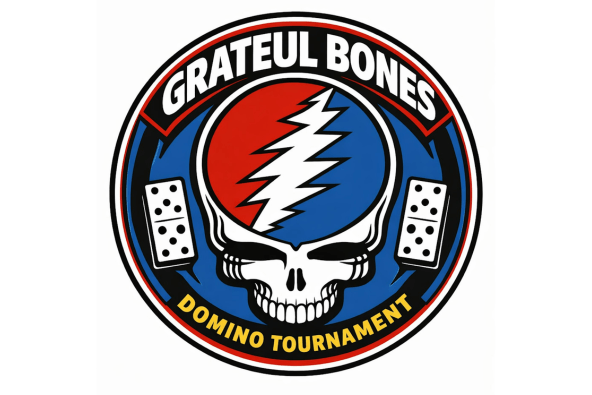 Grateful Bones Domino Tournament A circular logo for a domino tournament featuring a skull and lightning bolt design in Santa Clara, California.