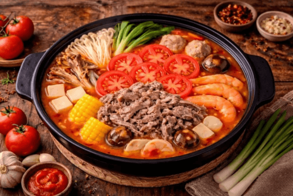 A large pot of spicy hot pot with meat, shrimp, vegetables, and tofu in Santa Clara, California.