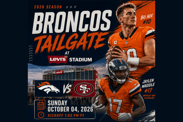 UnitedinOrange Tailgate - Broncos vs 49ers A promotional graphic for a 2026 Denver Broncos football game at Levi's Stadium in Santa Clara, California.