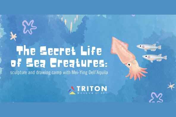 A promotional poster for a sea creature art camp featuring a squid and fish in Santa Clara, California.