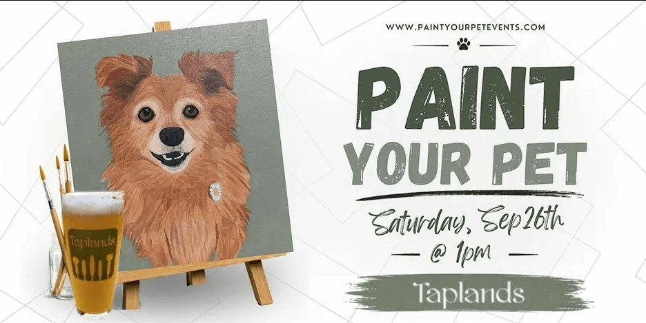 A promotional flyer for a paint your pet event featuring a dog portrait in Santa Clara, California.