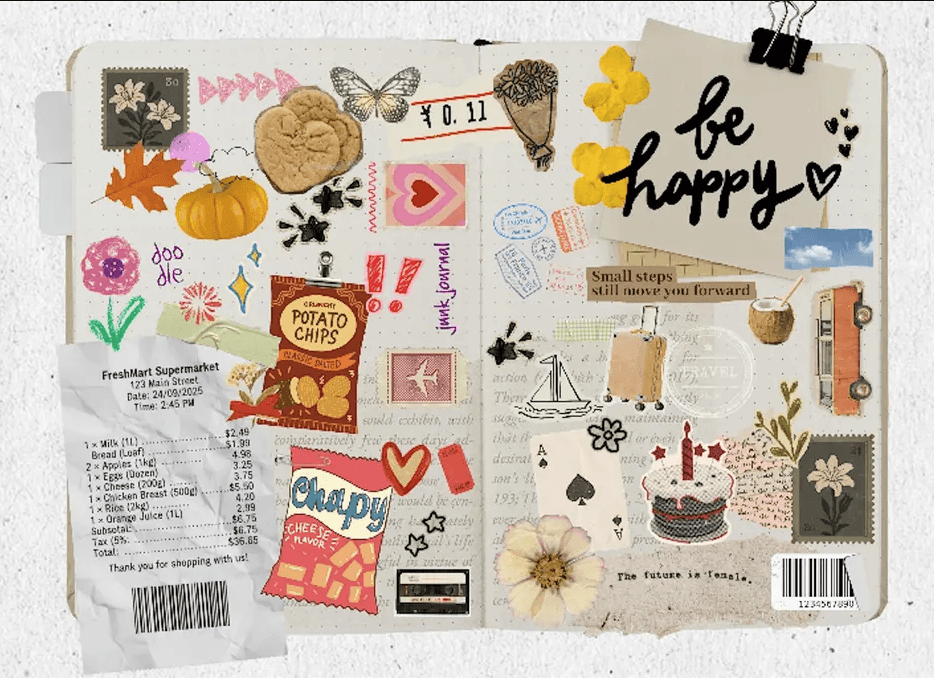 A creative junk journal spread filled with stickers, receipts, and positive affirmations in Santa Clara, California.