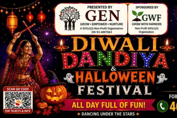 Diwali Dandiya & Halloween Festival 2026 A promotional flyer for a Diwali Dandiya and Halloween festival featuring a woman dancing in Santa Clara, California.