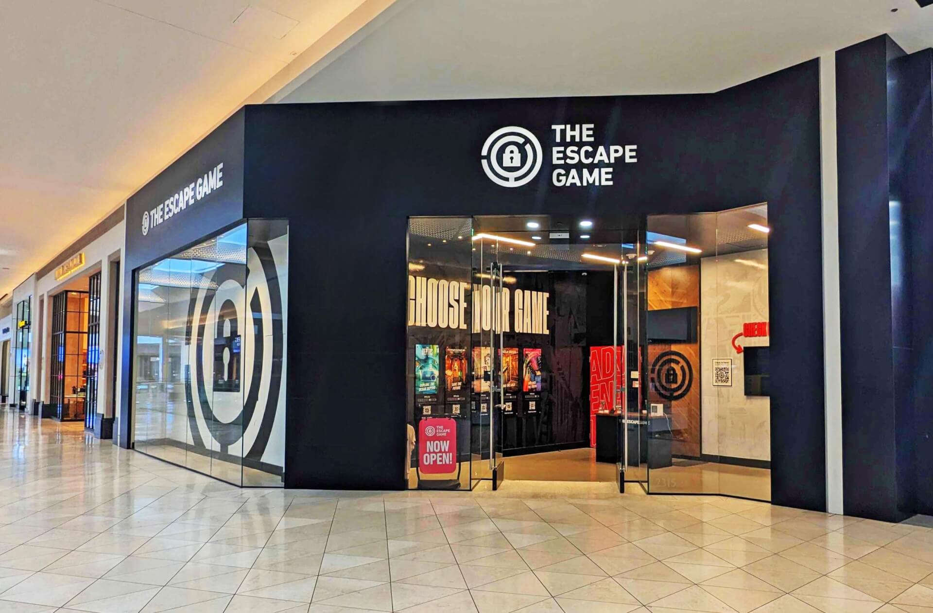 The storefront of The Escape Game located inside a shopping mall in Santa Clara, California.